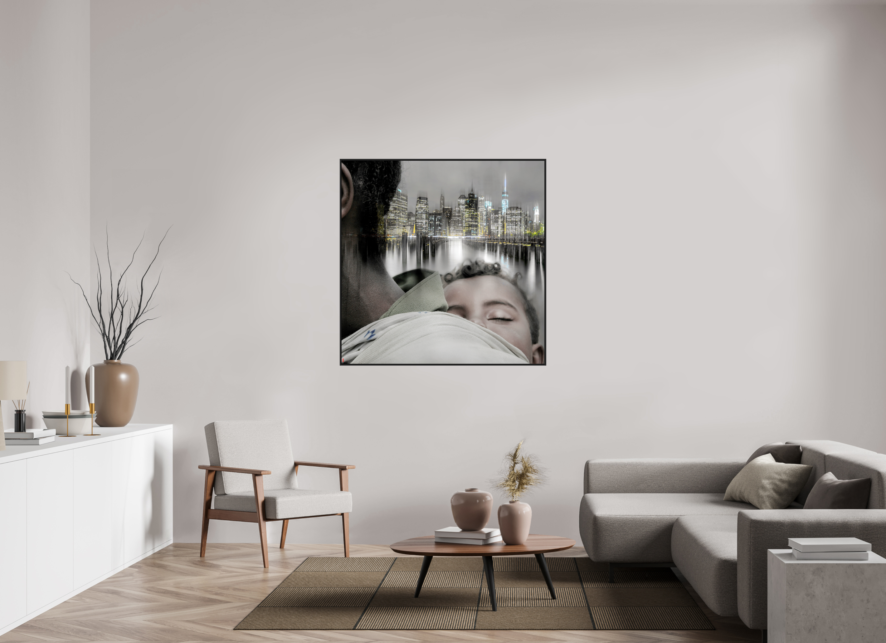 120 x 120 cm, Schattenfugen-Rahmen schwarz & 2mm Acrylglas FA HP Aisha II