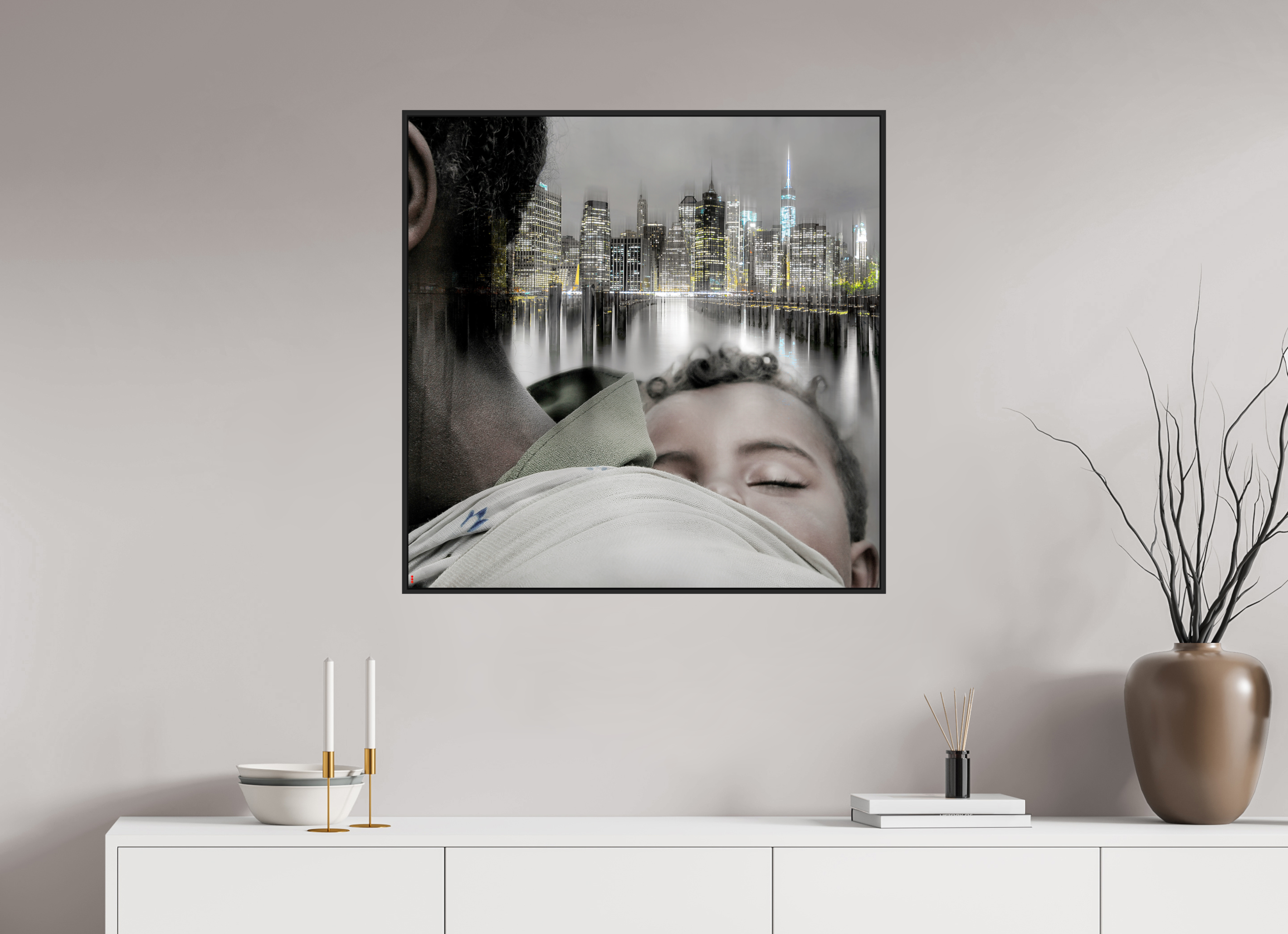 80 x 80 cm, Schattenfugen-Rahmen schwarz & 2mm Acrylglas FA HP Aisha II