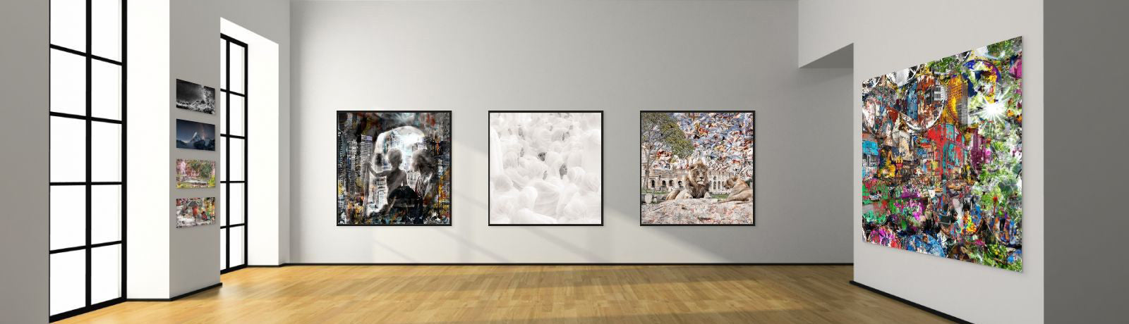 Galerieansicht mit Fine-Art-Collagen von Alexander Maria Lohmann – Human Playground, Wild Circus, Photographs