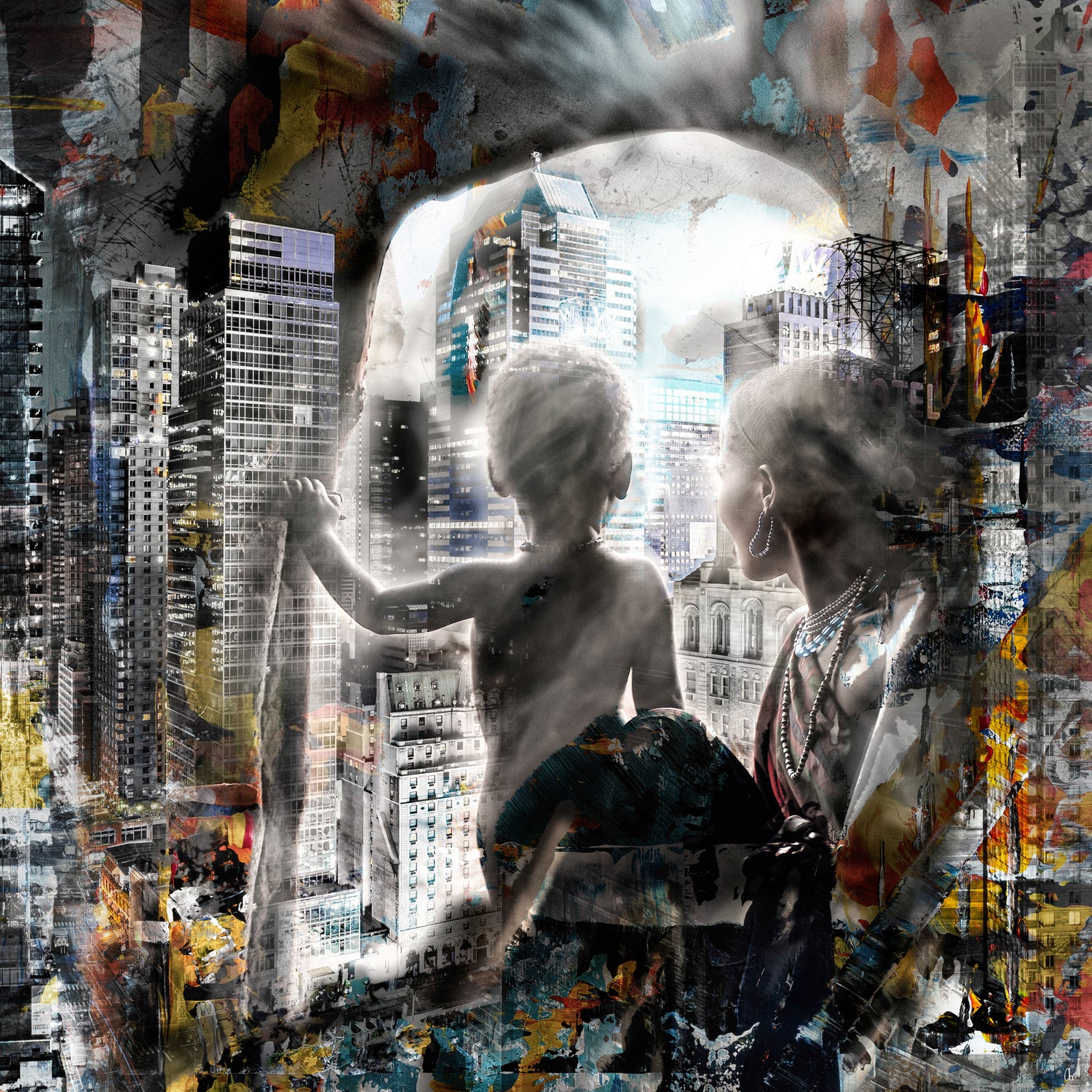 Kinder blicken auf Großstadt – Fine Art Collage aus der Serie HUMAN PLAYGROUND von Alexander Maria Lohmann