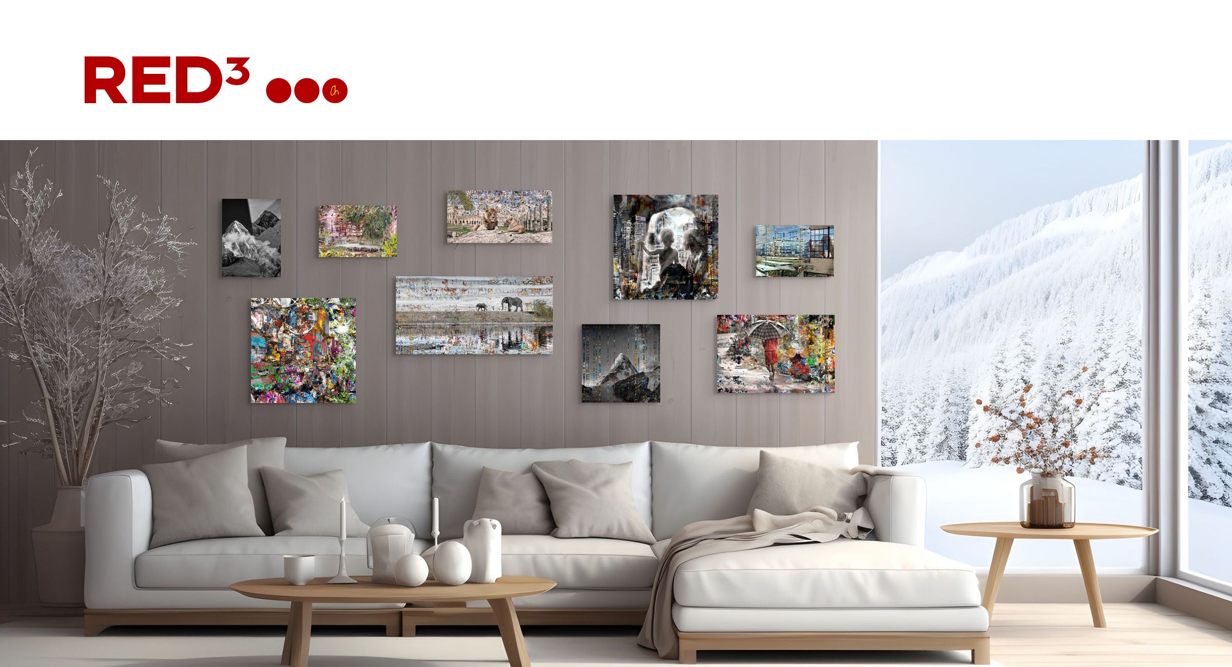 Wohnzimmer mit Kunstwerken aus der Kollektion RED³ von Alexander Maria Lohmann – Fine Art Collagen in Museumsqualität