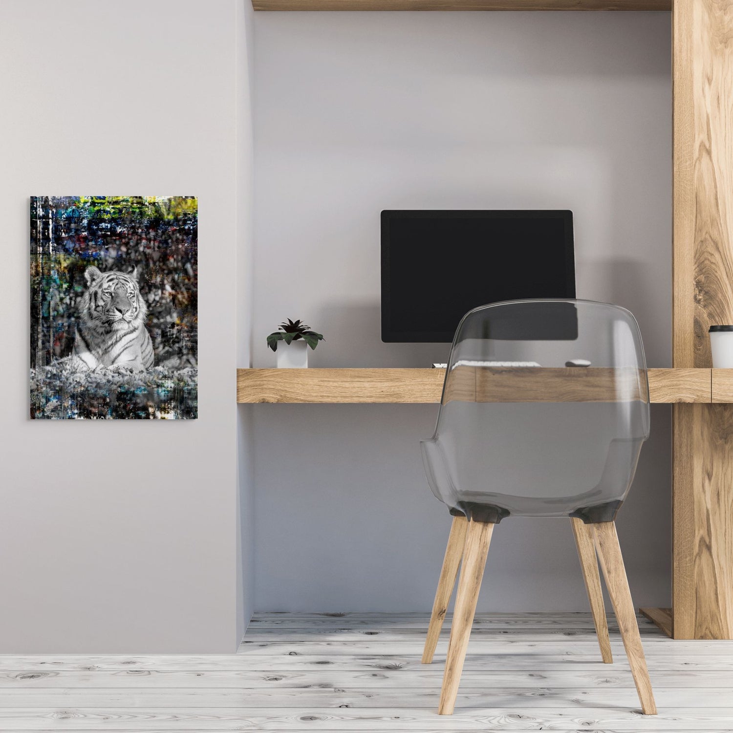 Tiger-Collage im modernen Büro – Fine Art Werk aus der Serie WILDCIRCUS von Alexander Maria Lohmann