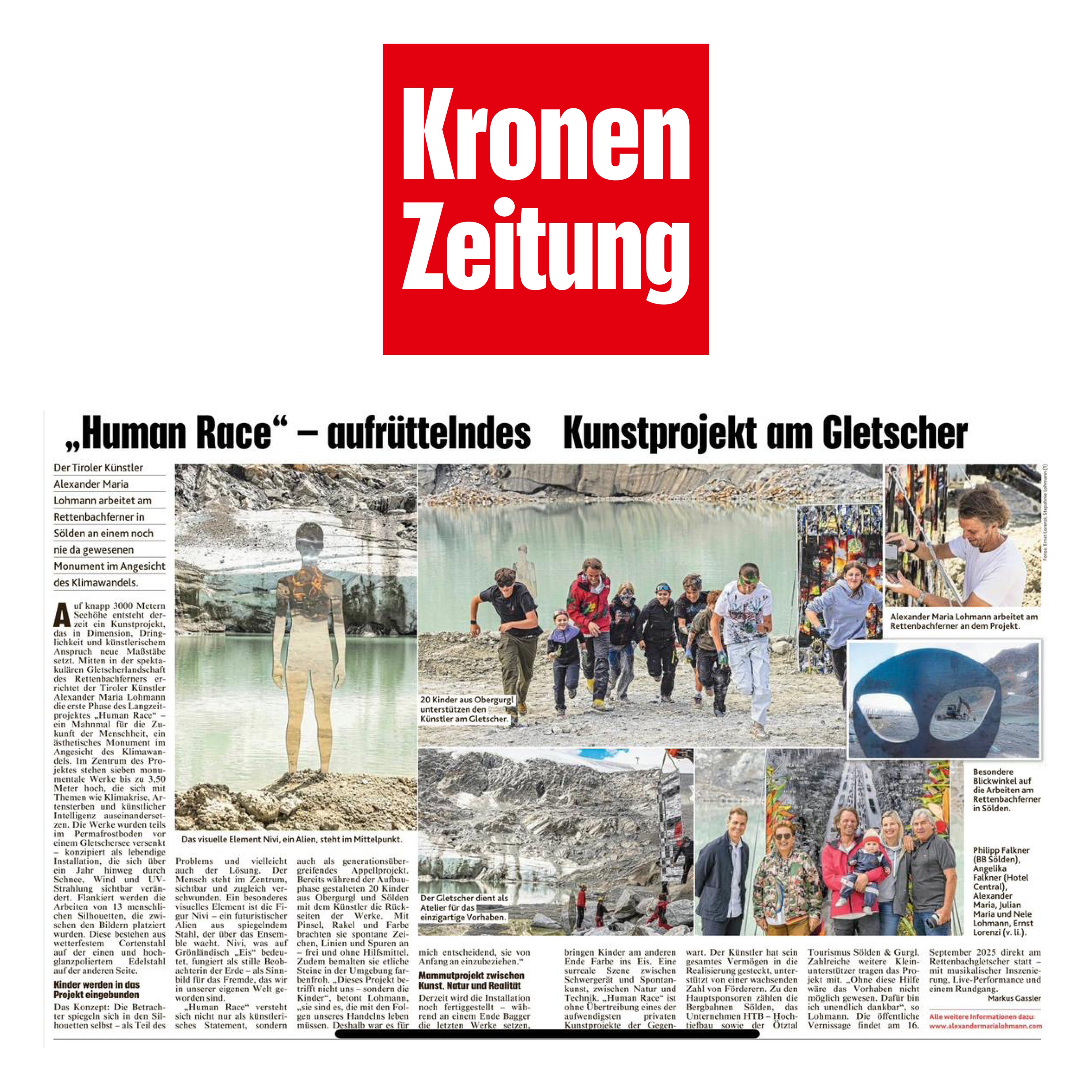 Zeitungsbericht in der Kronen Zeitung über Alexander Maria Lohmanns Kunstprojekt „Human Race“ am Gletscher in Sölden