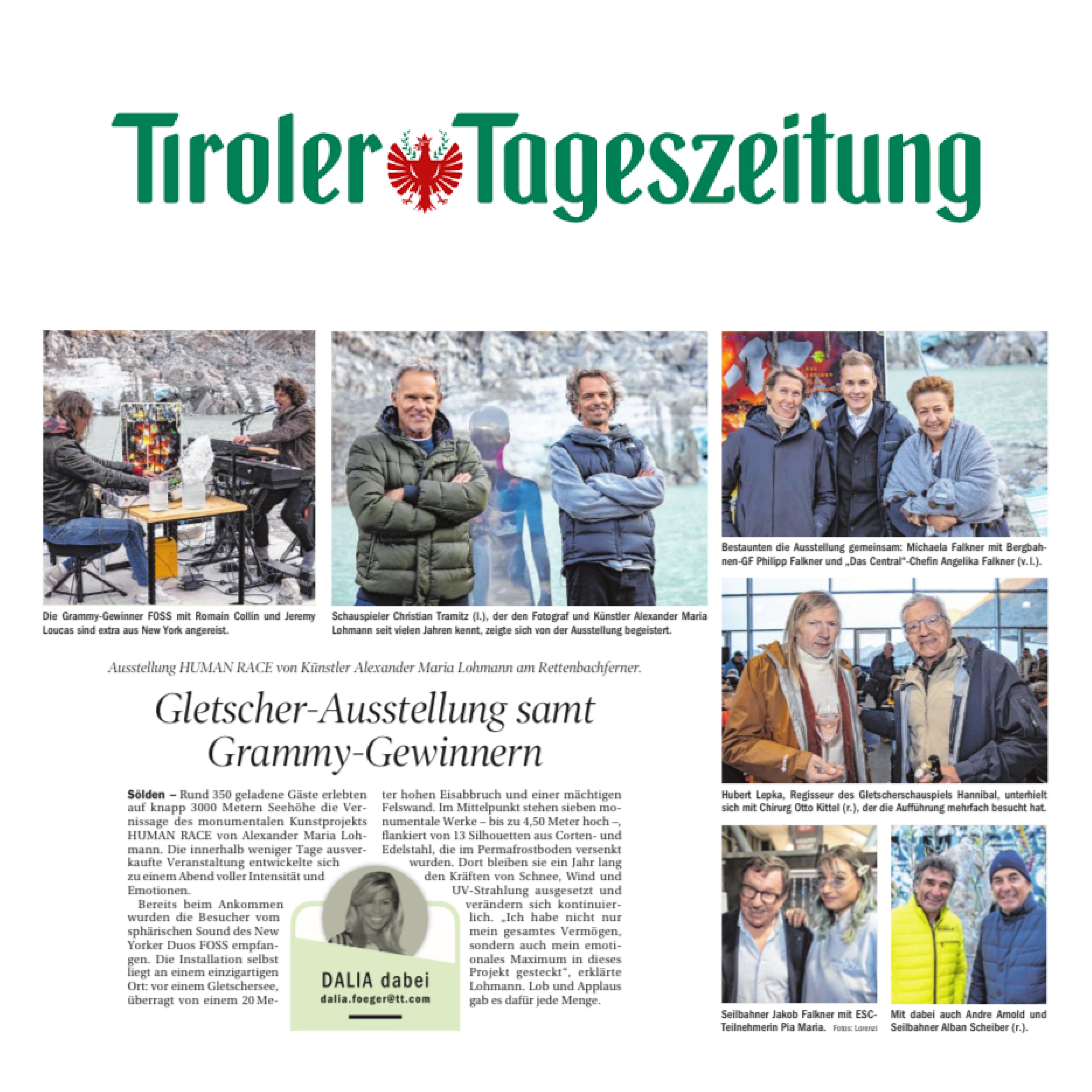 Zeitungsbericht in der Tiroler Tageszeitung über Alexander Maria Lohmanns Gletscherkunstprojekt „Human Race“ mit Grammy-Gewinnern und Christian Tramitz