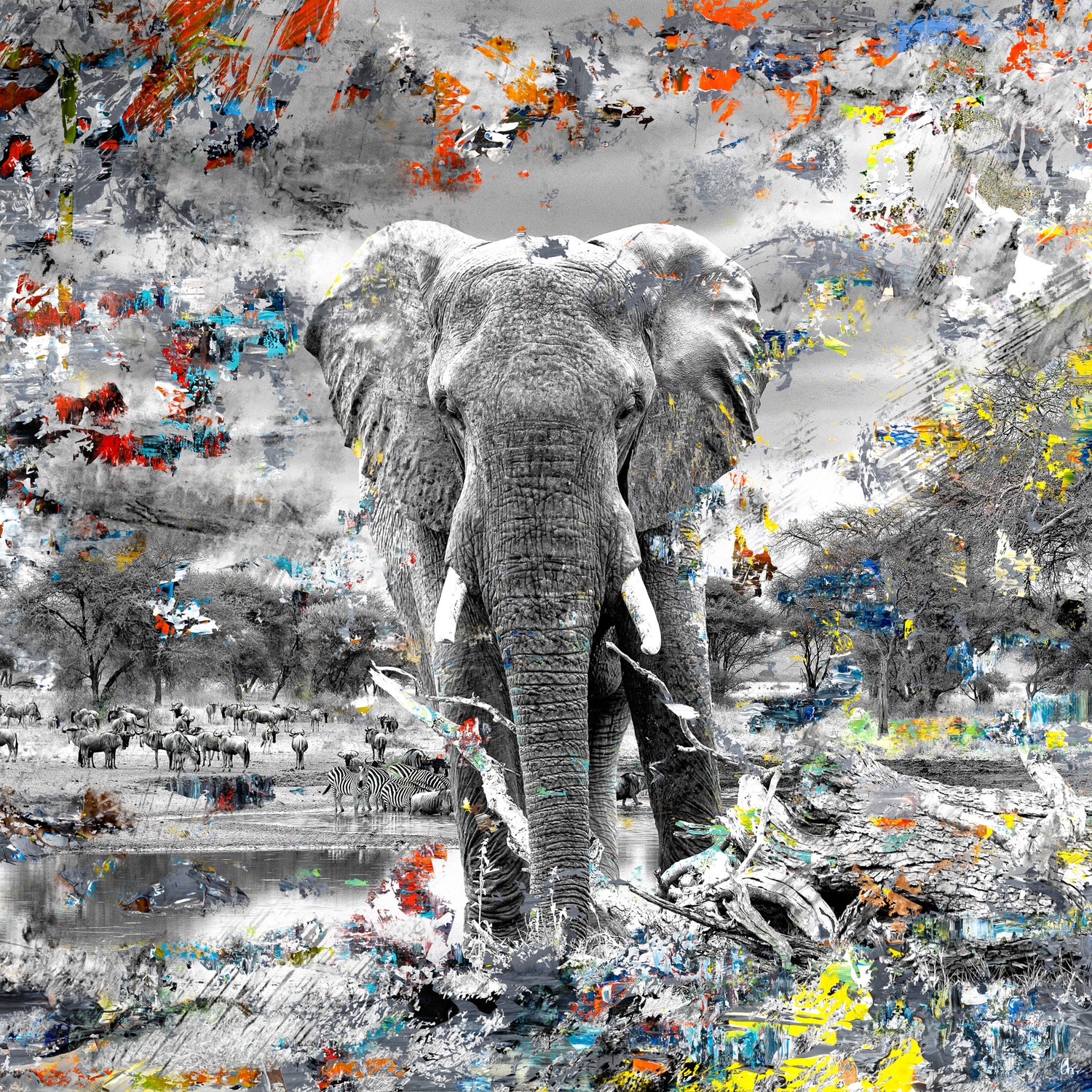 Elefant vor Wasserloch – Fine Art Collage aus der Serie WILDCIRCUS von Alexander Maria Lohmann