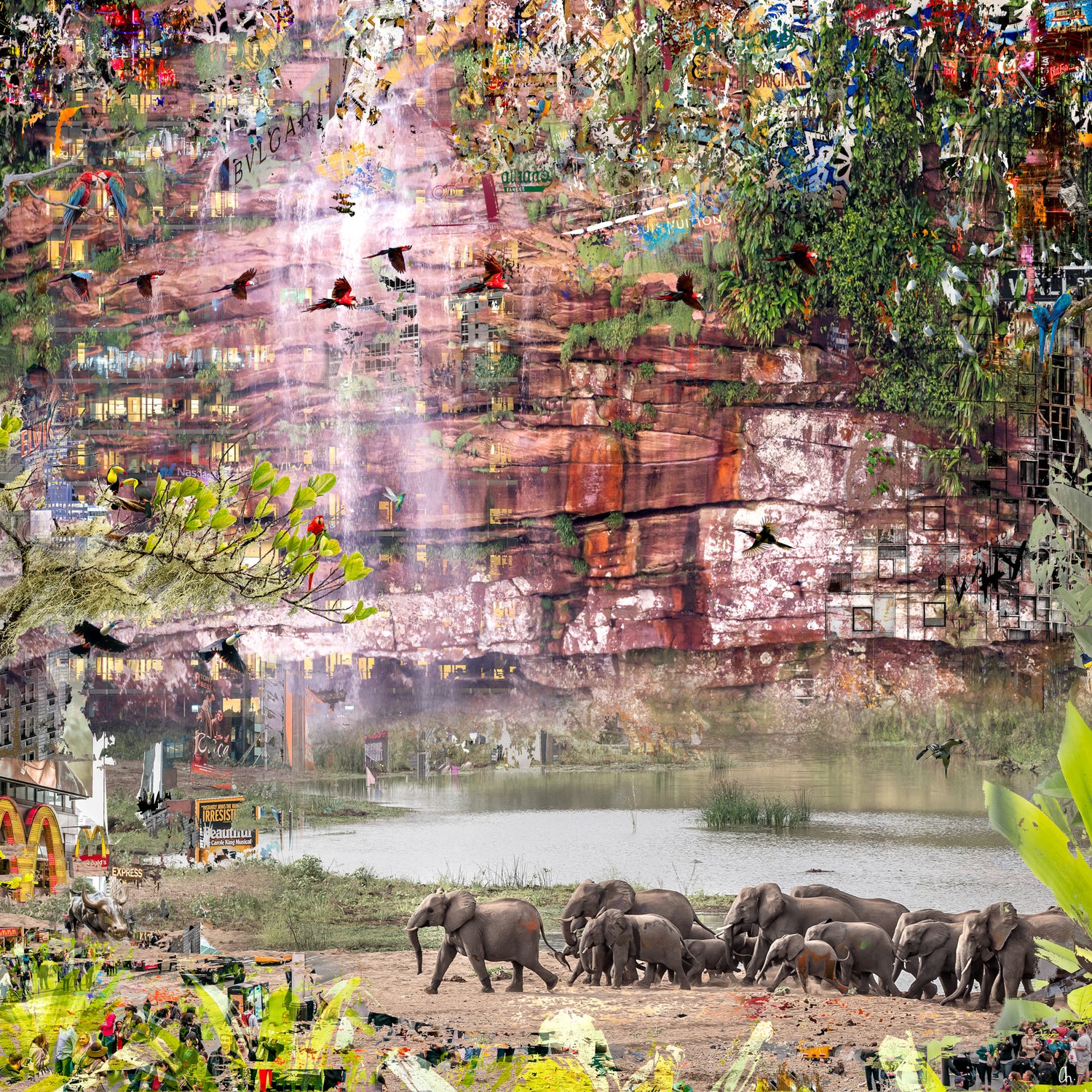 Elefantenherde vor Wasserfall – Fine Art Collage aus der Serie WILDCIRCUS von Alexander Maria Lohmann