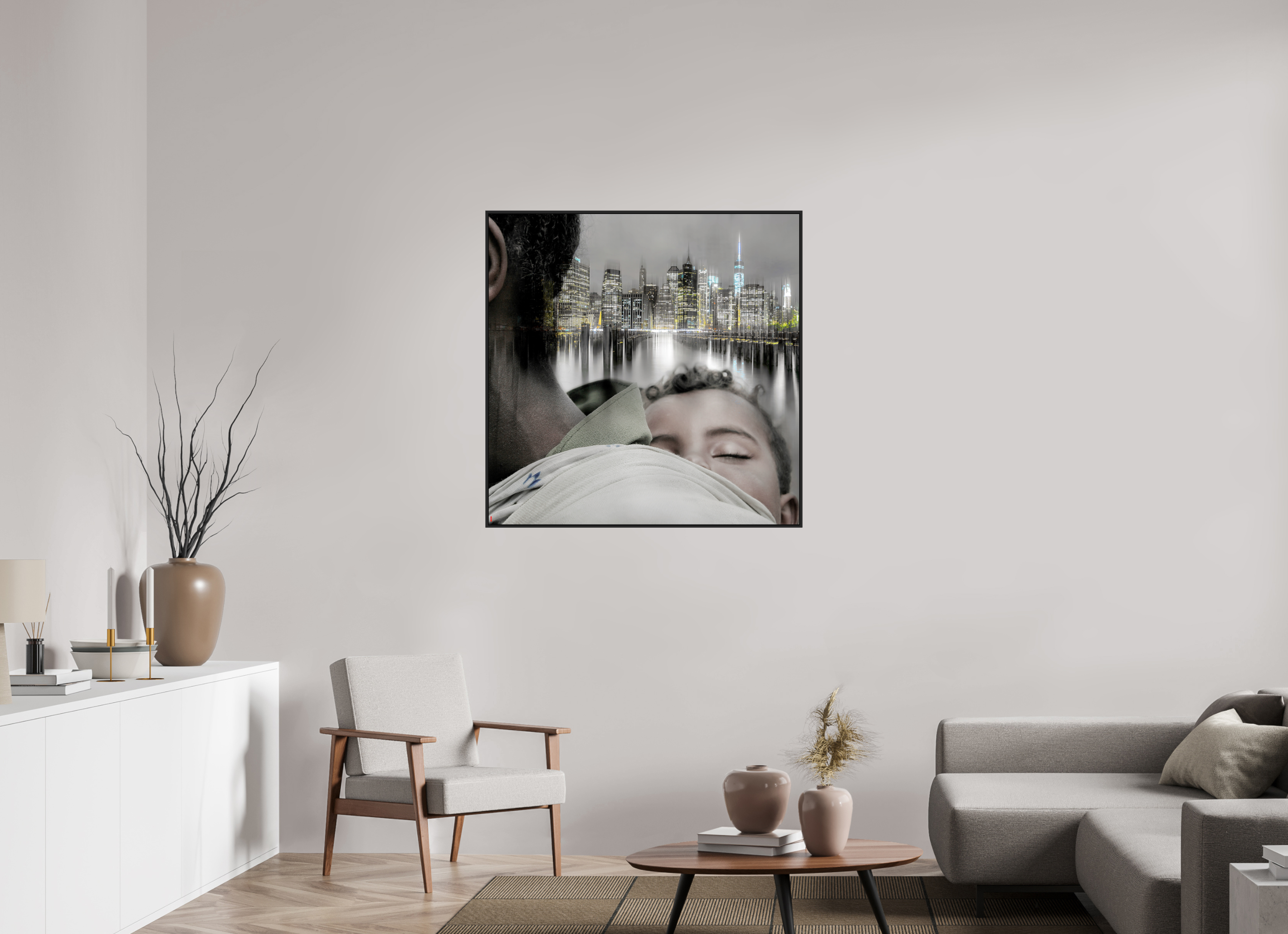 100 x 100 cm, Schattenfugen-Rahmen schwarz &amp; 2mm Acrylglas FA HP Aisha II