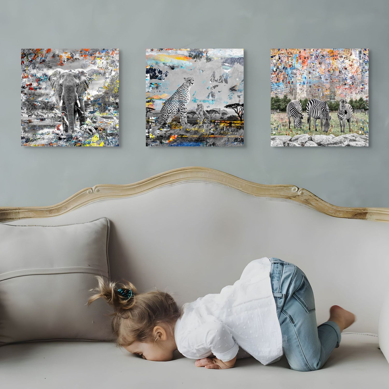 Tiercollagen an Wand – Fine Art Edition WILDCIRCUS im Kinderzimmer von Alexander Maria Lohmann